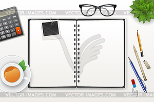 Workspace with notebook and tea - vector clipart