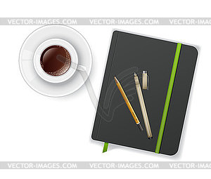 Notebook with pen and cup of coffee - vector image