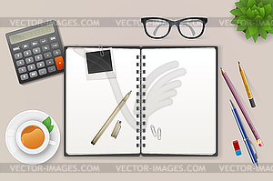 Workspace with notebook and tea - vector clipart