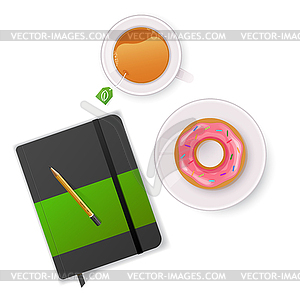 Scene with notebook and tea - vector clip art