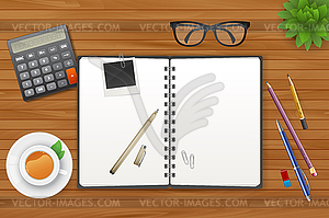 Workspace with notebook and tea - vector image