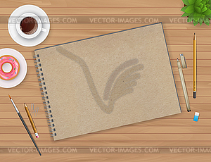 Workspace with notebook and coffee - vector clipart
