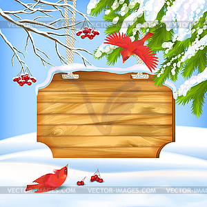 Winter Landscape Birds Wooden Board - vector clip art