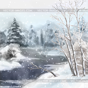 Winter Digital Watercolor Landscape - vector EPS clipart