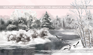 Winter Watercolor Landscape - white & black vector clipart
