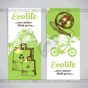 Set of sketch ecology banners - vector image