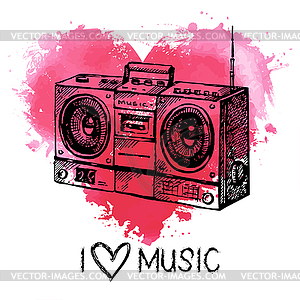 Music background with splash watercolor heart and - vector image