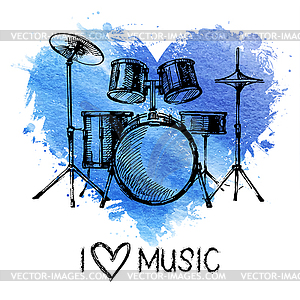 Music background with splash watercolor heart and - vector image