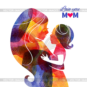 Watercolor mother silhouette with her baby. Card - vector clipart