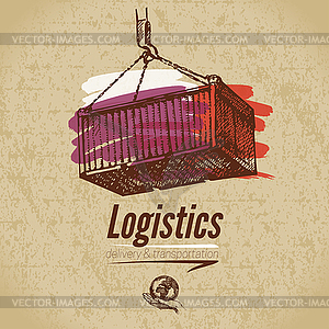 Sketch logistics and delivery poster. Cardboard - vector clip art