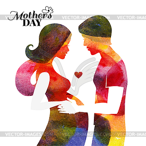 Watercolor pregnant beautiful woman silhouette - vector image