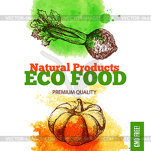 Eco food menu background. Watercolor and sketch - vector image