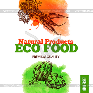 Eco food menu background. Watercolor and sketch - vector clipart