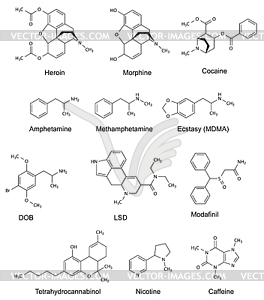 Chemical structural formulas of some drugs - vector clipart