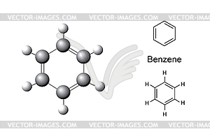 Structural formulas and chemical model of benzene - vector clipart