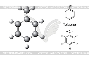 Structural formulas and chemical model of toluene - vector clip art