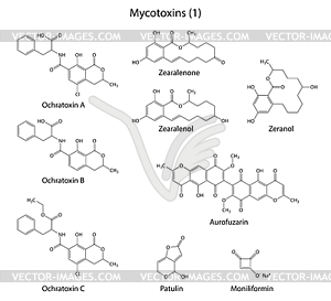 Структурные химические формулы некоторых микотоксинов - векторное изображение