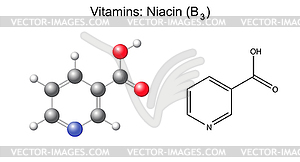 Structural chemical formula and model of niacin - vector clip art