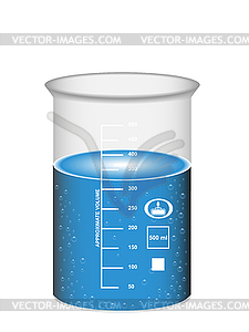 Chemical beaker with water solution and bubbles - vector image