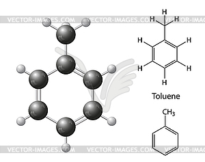 Structural chemical formulas and model of toluene - vector clipart