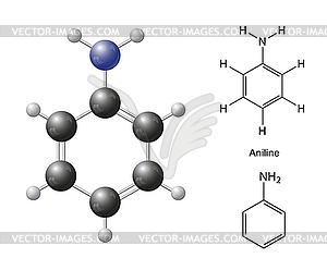 Structural chemical formulas and model of aniline - vector image