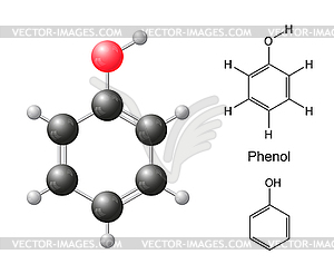Structural chemical formulas and model of phenol - color vector clipart
