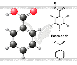 Structural chemical formulas and model of benzoic - vector clip art