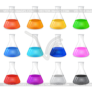 Chemical conical flask icon set with different - vector clip art