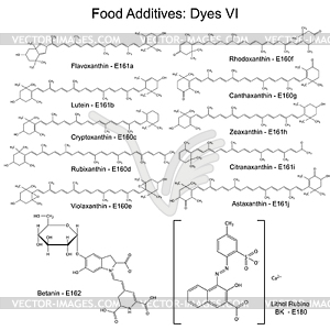 Food dyes - structural chemical formulas of food - vector clipart