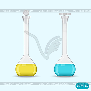 Chemical volumetric flasks with colored solution - vector image