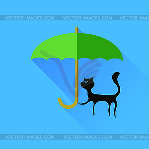 Black Cat and Green Umbrella - vector clip art