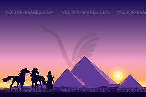 Egypt Great Pyramids with Bedouin and horses - vector EPS clipart