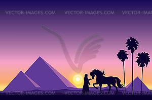 Egypt Great Pyramids with silhouette of Bedouin - vector image