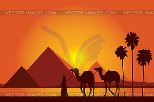 Egypt Great Pyramids with Camel caravan on sunset - vector image