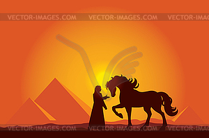 Egypt Great Pyramids with silhouette of Bedouin - vector clipart