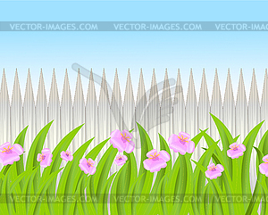 Pink flowers on background wooden fence - vector image