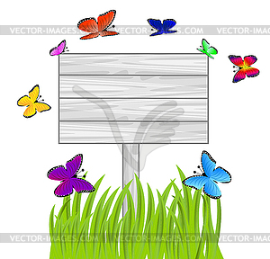 Wooden billboard, green grass and butterflies - vector clip art