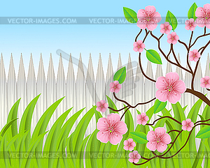 Background for design with wooden fence and pink - vector image