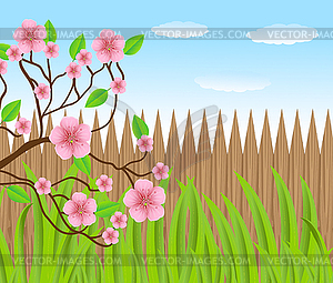 Background for design with wooden fence and pink - vector clip art