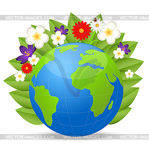 Planet earth and bright beautiful flowers - vector image