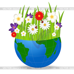 Planet earth and bright beautiful flowers - vector clip art