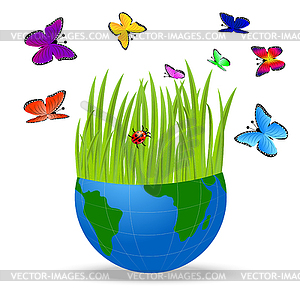 Планета Земля и яркие бабочки - изображение в векторном формате