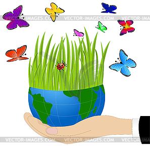 Planet earth on hand and bright butterfly - vector clipart
