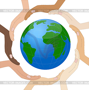 Hands of different color of skin circumplanetary - vector clip art