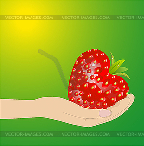 Спелые ягоды клубники в руке на зеленый - клипарт