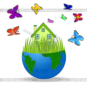 House with butterflies in planet earth - vector clip art