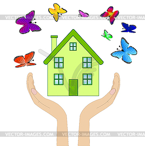 House with varicoloured butterflies in hands on - vector clip art