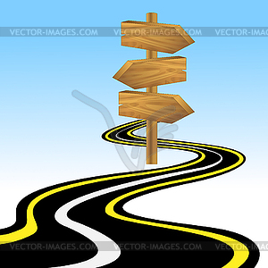 Road going away to distance and wooden pointer - vector clip art