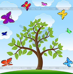 Дерево и яркие Разноцветные бабочки - векторный клипарт / векторное изображение