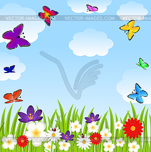 Floral glade and bright butterflies - vector EPS clipart